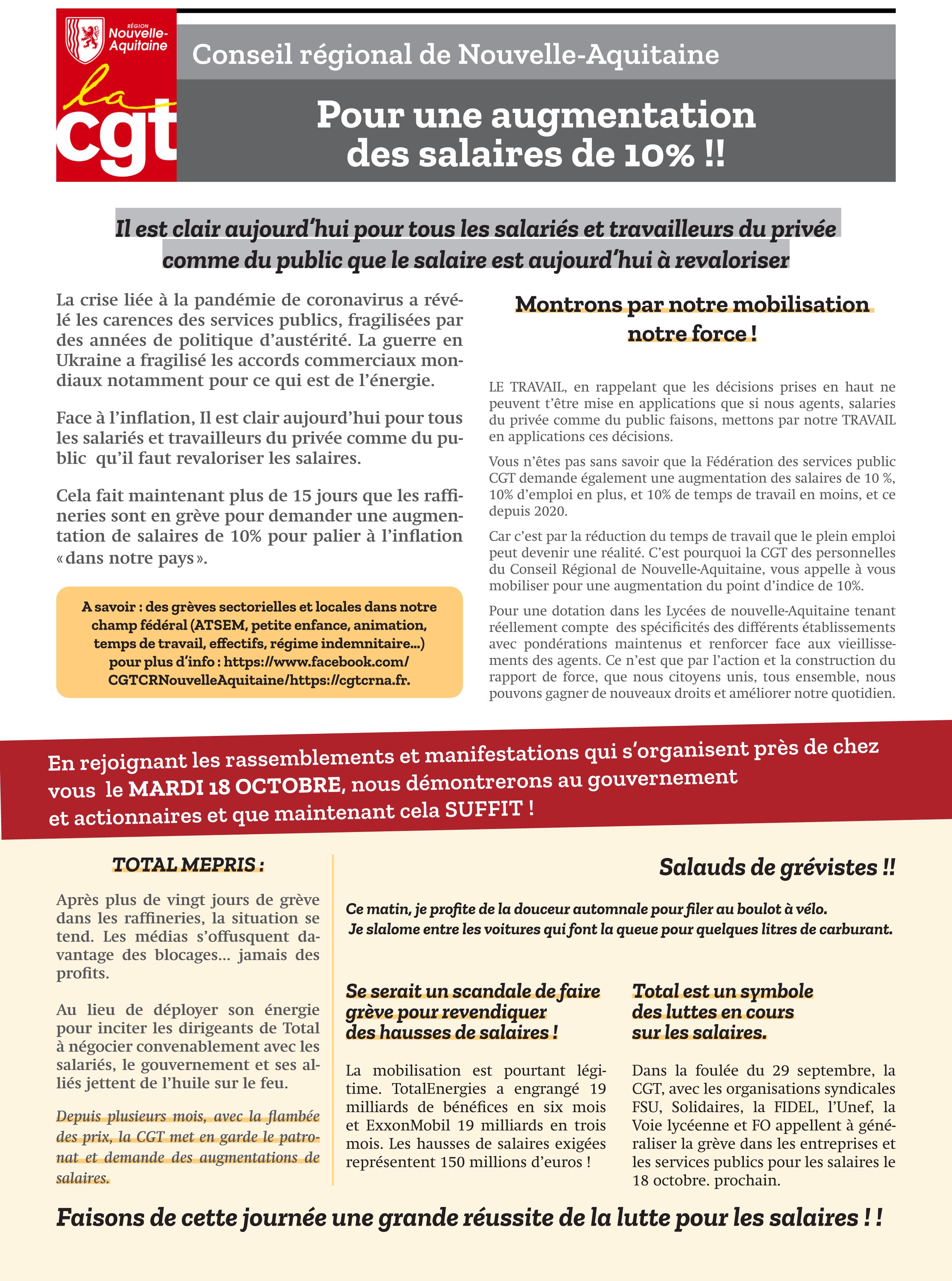 Pour une augmentation des salaires de 10% !!